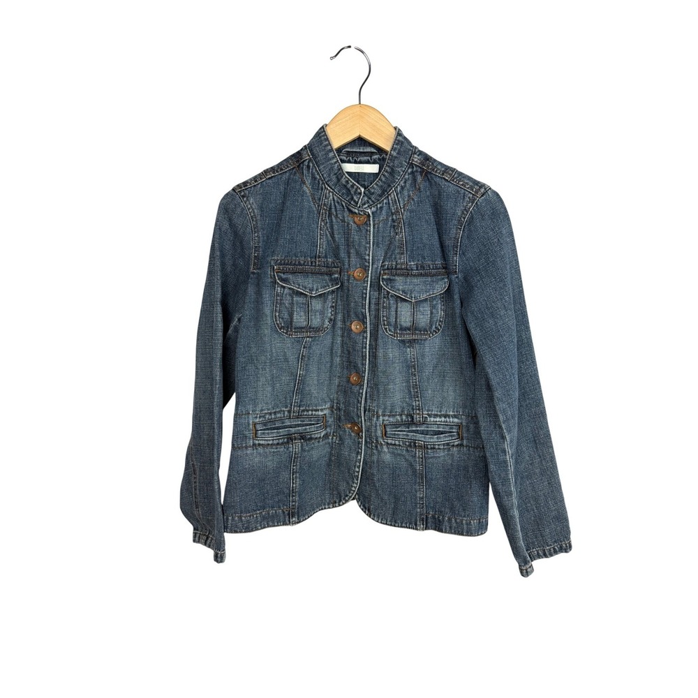 Marks & Spencer Denim Jacket UK 14 Blue 100% Cotton Button Up Utility Mock Neck